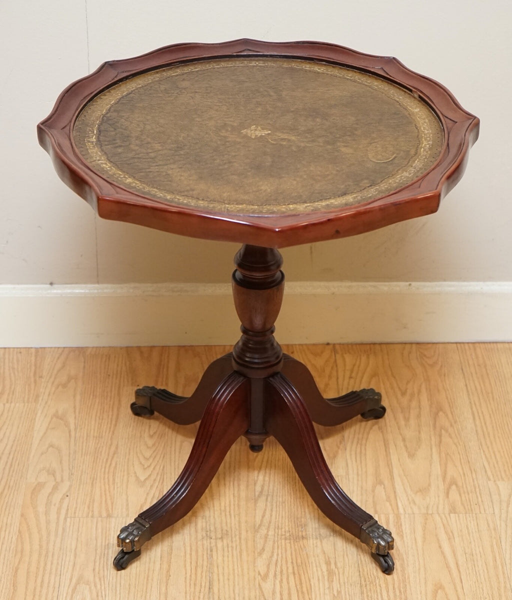 STUNNING VINTAGE BROWN LEATHER PLANT/WINE TRIPOD STAND ON PAW FEET WITH CASTORS