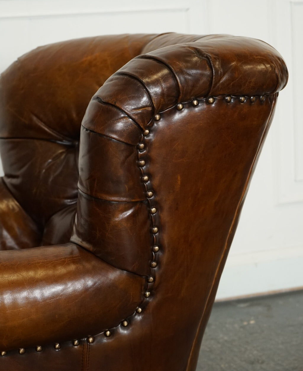 FULLY RESTORED HAND DYED LEATHER WRITERS READING ARMCHAIR WITH FOOTSTOOL