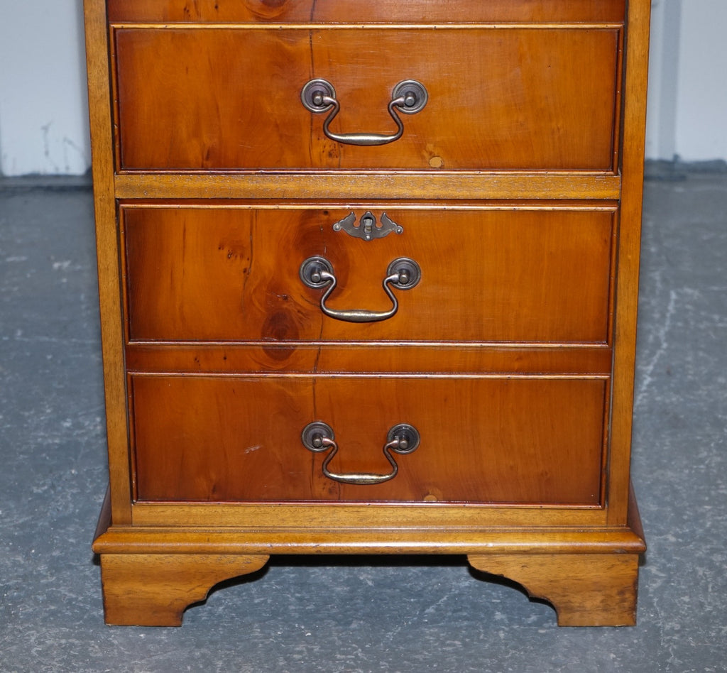 VINTAGE YEW WOOD FILLING CABINET WITH GREEN LEATHER TOP AND TWO DRAWERS