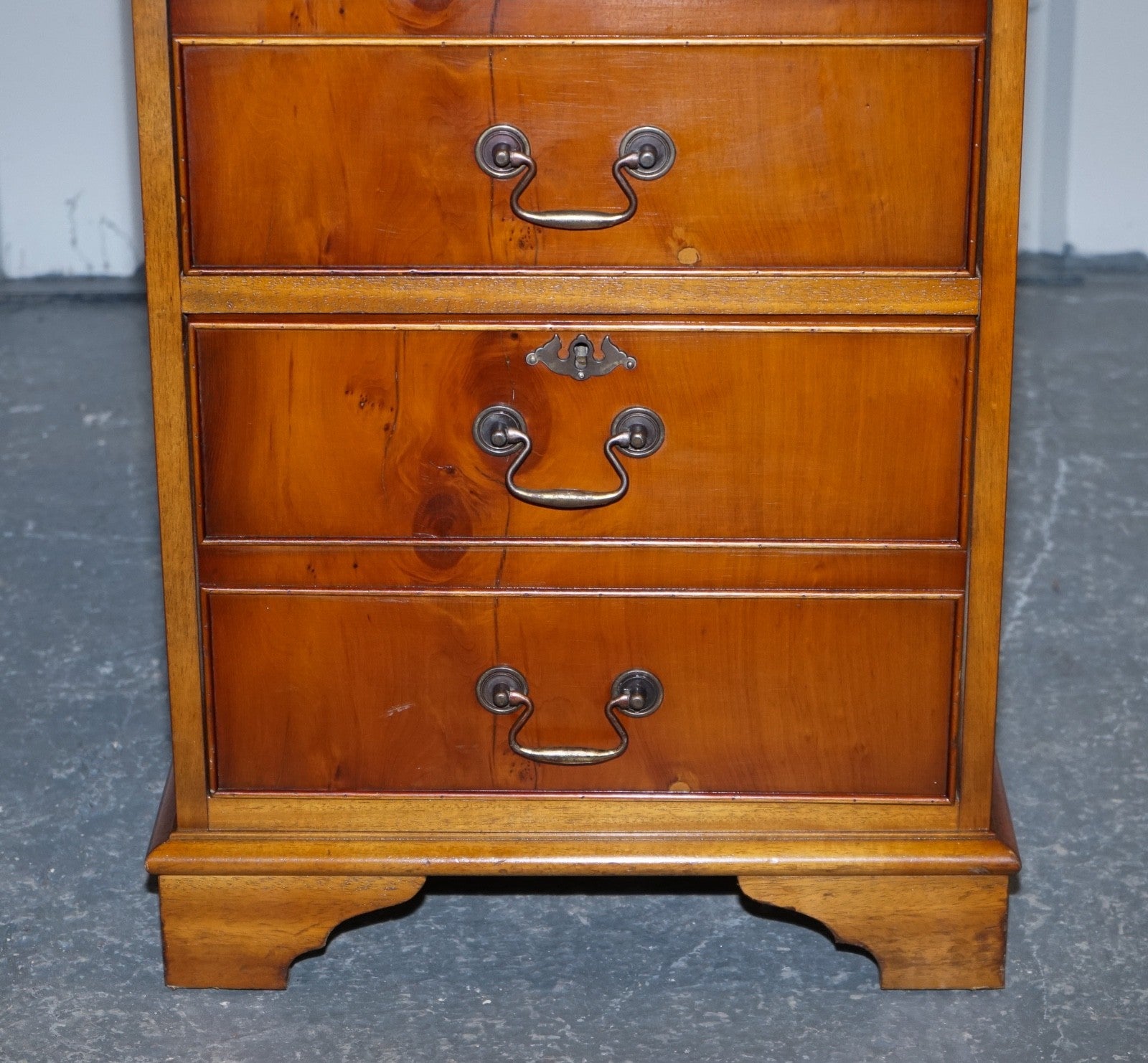 VINTAGE YEW WOOD FILLING CABINET WITH GREEN LEATHER TOP AND TWO DRAWERS