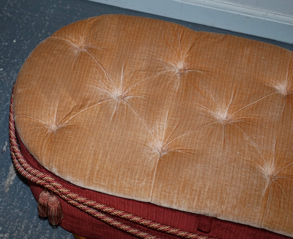 ANTIQUE VICTORIAN FABRIC OTTOMAN BLANKET BED END STORAGE BOX WITH TASSEL ACCENTS