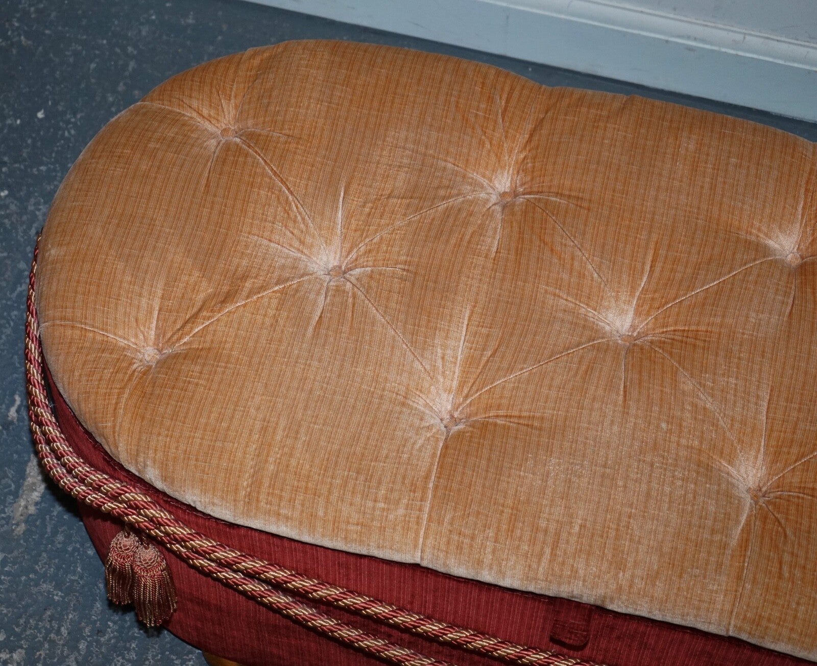 ANTIQUE VICTORIAN FABRIC OTTOMAN BLANKET BED END STORAGE BOX WITH TASSEL ACCENTS