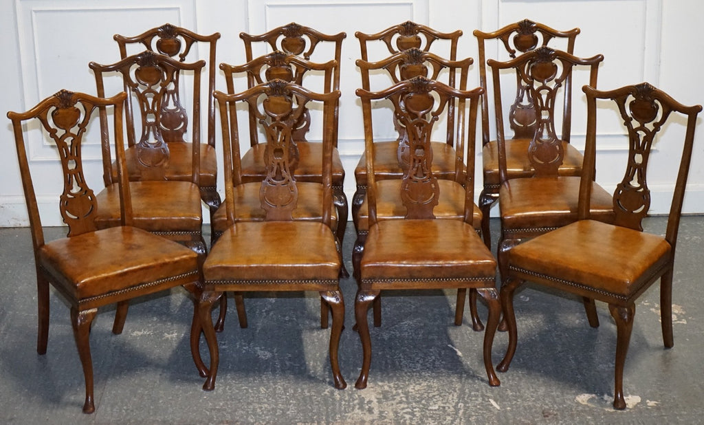 SCOTTISH VICTORIAN SET 12 RESTORED DYED LEATHER DINING CHAIRS BY JOHN TAYLOR