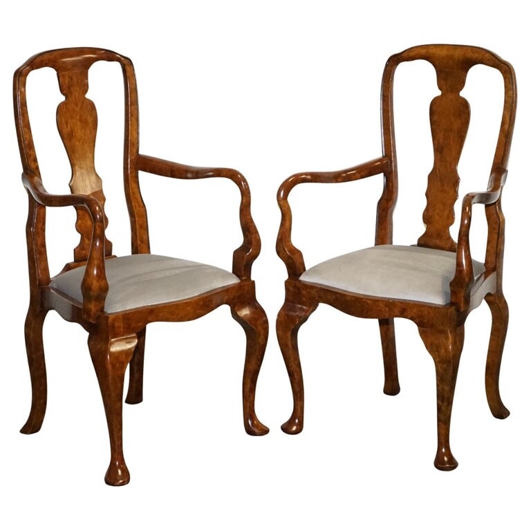 1920'S ART DECO PAIR OF QUEEN ANNE STYLE BURR WALNUT HALLWAY ELBOW ARMCHAIRS