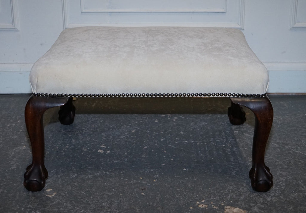 ANTIQUE EARLY VICTORIAN CLAW AND BALL FEET FOOTSTOOL WITH WHITE SUEDE TOP