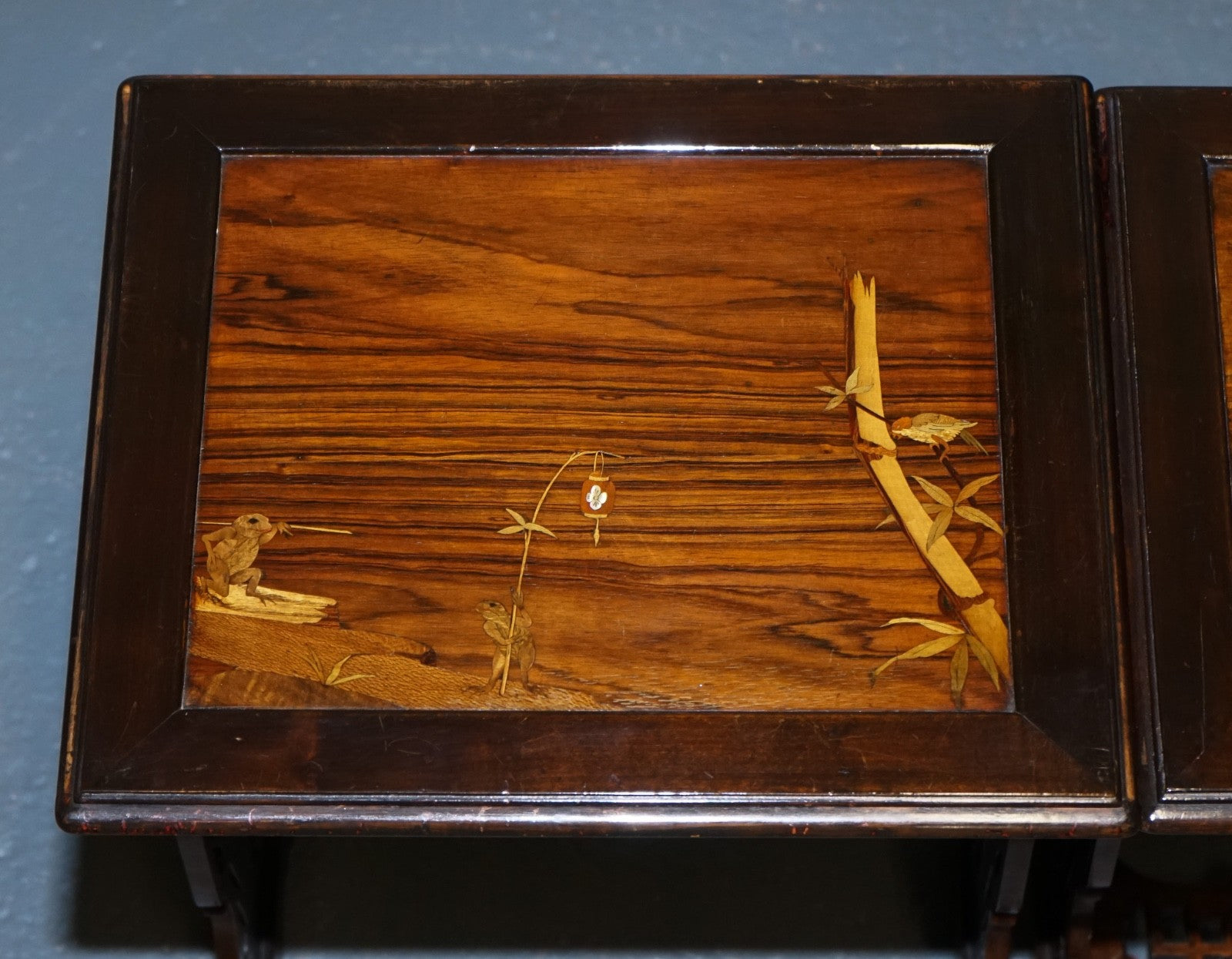 ART NOUVEAU CHINESE EXPORT NESTING TABLES PIERCED FRETWORK BONE & ABALONE C 1900