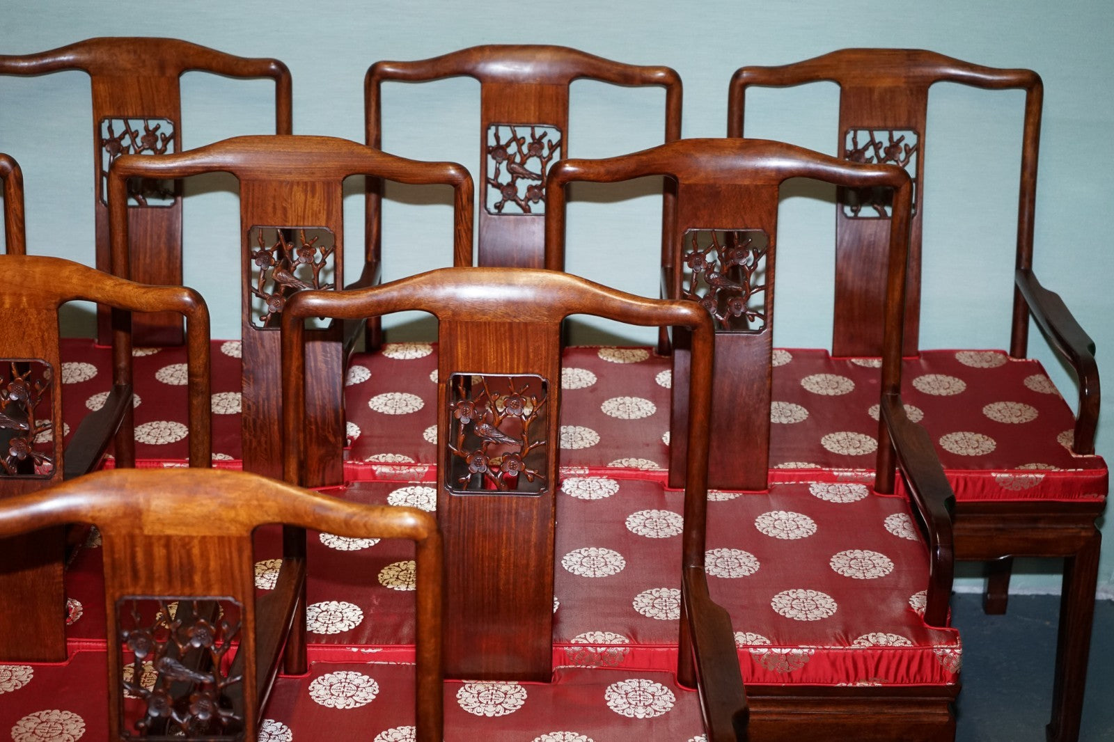 SET OF TEN VINTAGE ORIENTAL CHINESE HARDWOOD CARVER DINING ARMCHAIRS W/ CUSHIONS