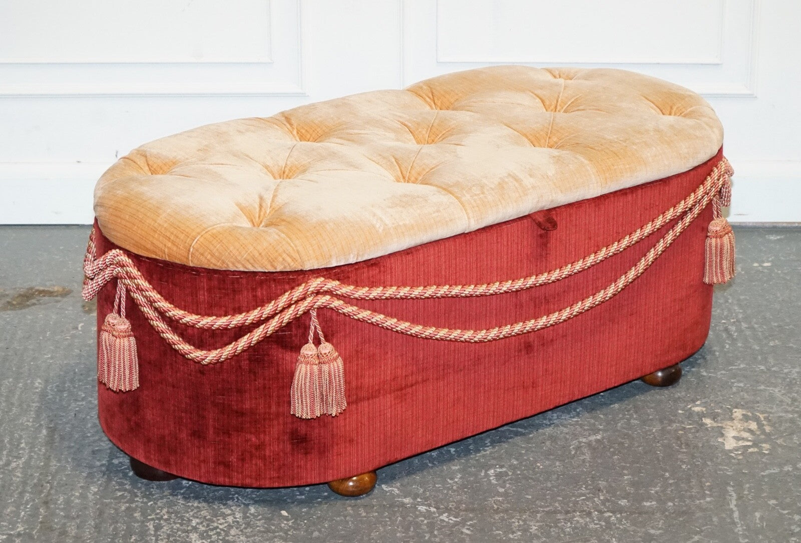 ANTIQUE VICTORIAN FABRIC OTTOMAN BLANKET BED END STORAGE BOX WITH TASSEL ACCENTS