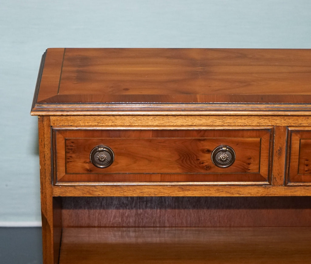 ELEGANT VINTAGE YEW WOOD LOW DWARF BOOKCASE WITH TWO STORAGE DRAWERS