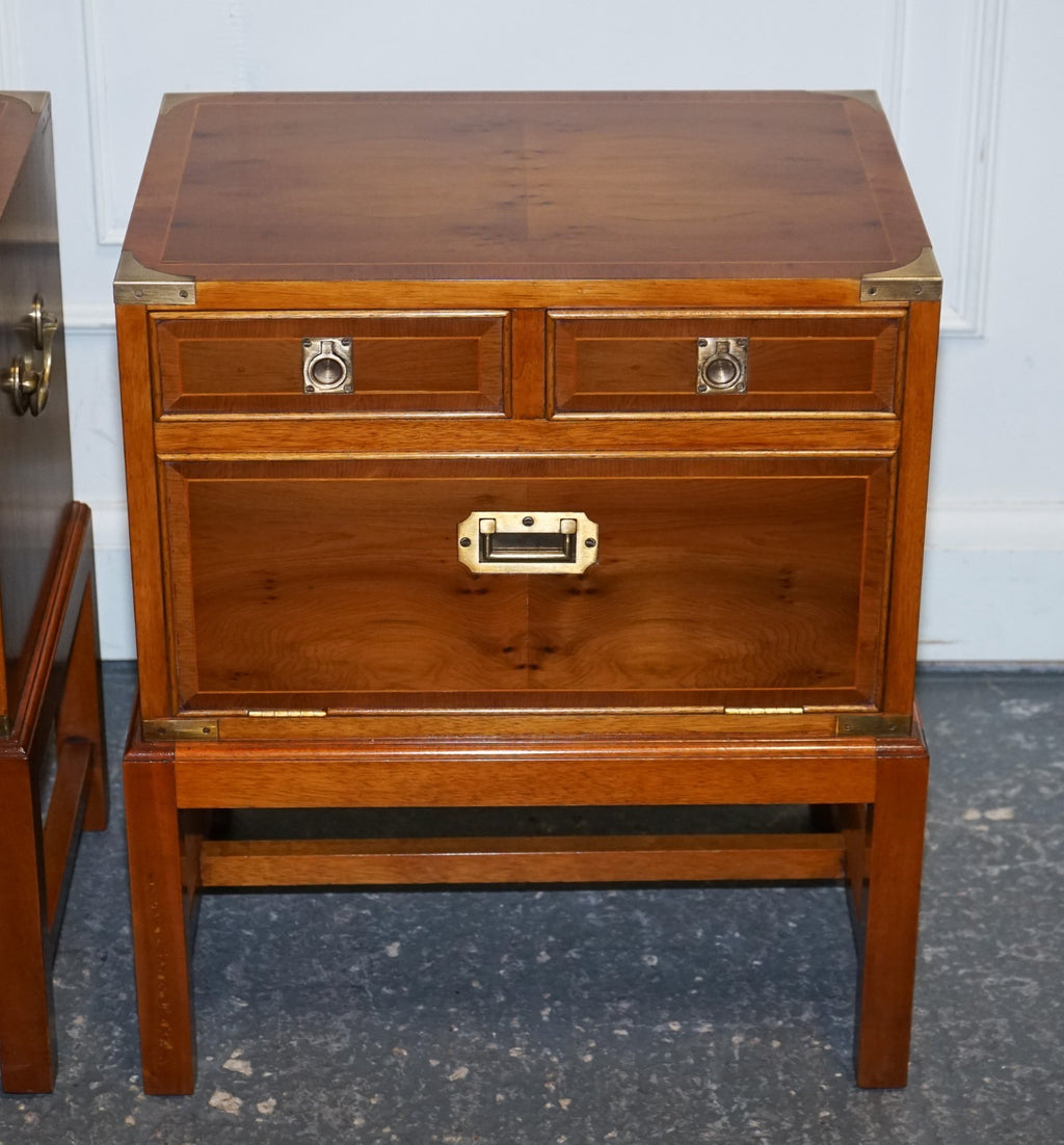 A PAIR OF YEW WOOD & BRASS ENGLISH MILITARY CAMPAIGN END CABINETS NIGHTSTANDS