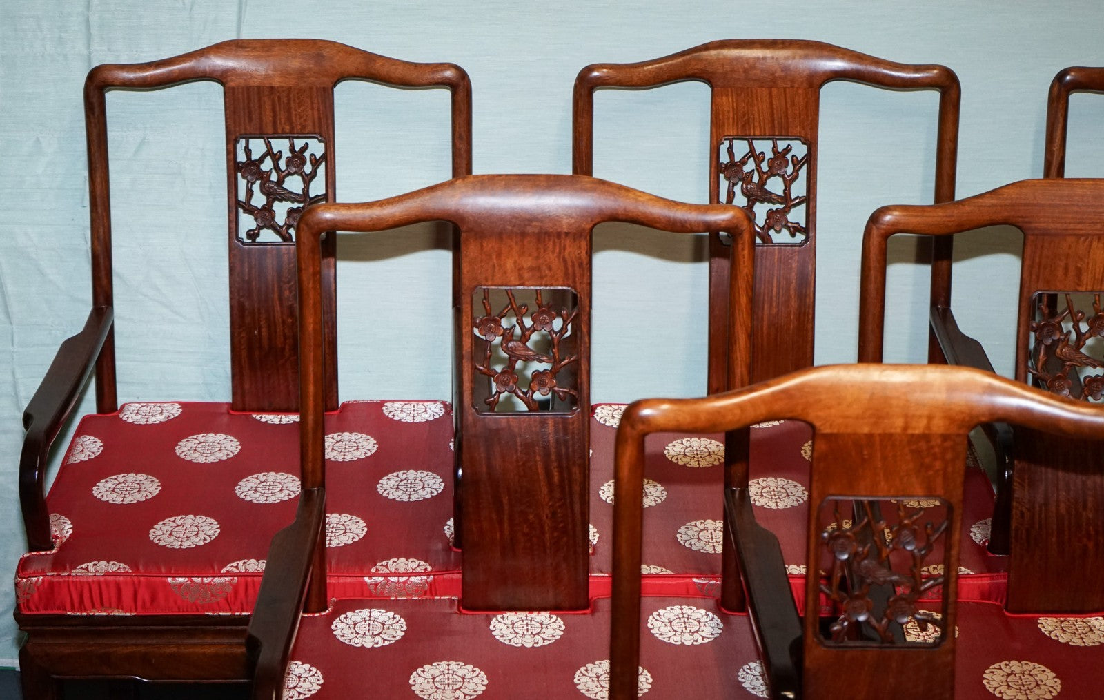 SET OF TEN VINTAGE ORIENTAL CHINESE HARDWOOD CARVER DINING ARMCHAIRS W/ CUSHIONS