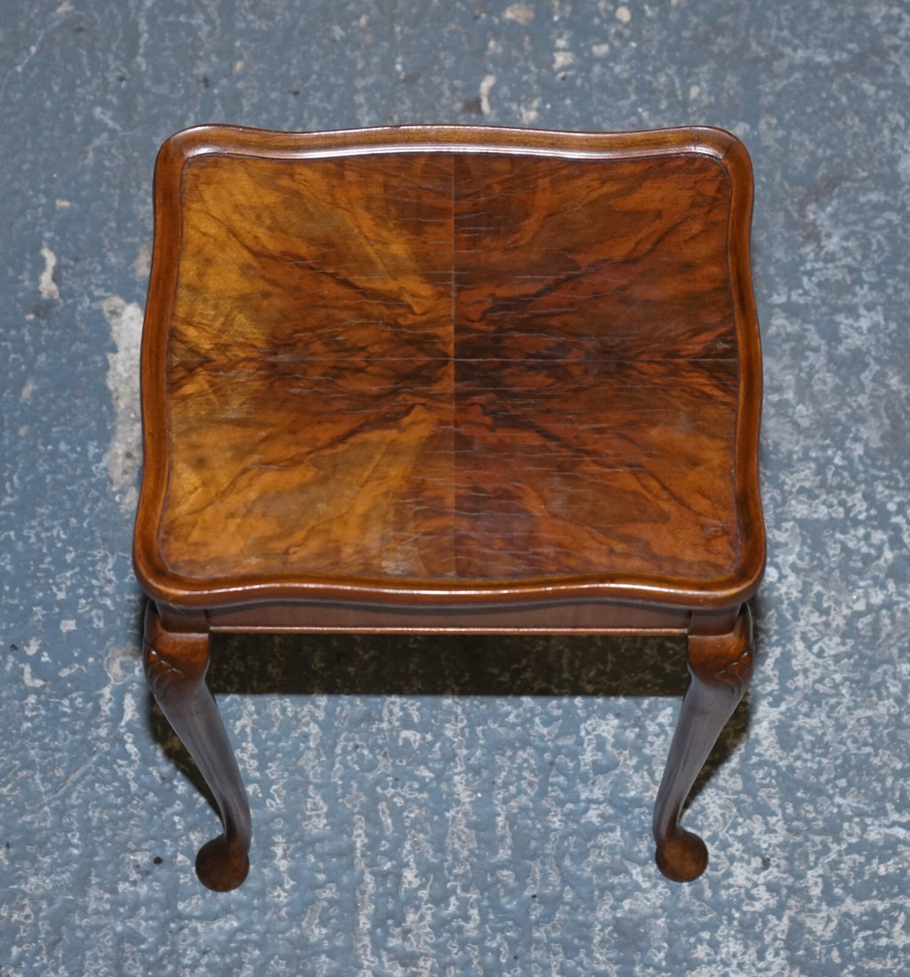 1920'S ART DECO BURR WALNUT NEST OF THREE TABLE QUEEN ANNE LEGS