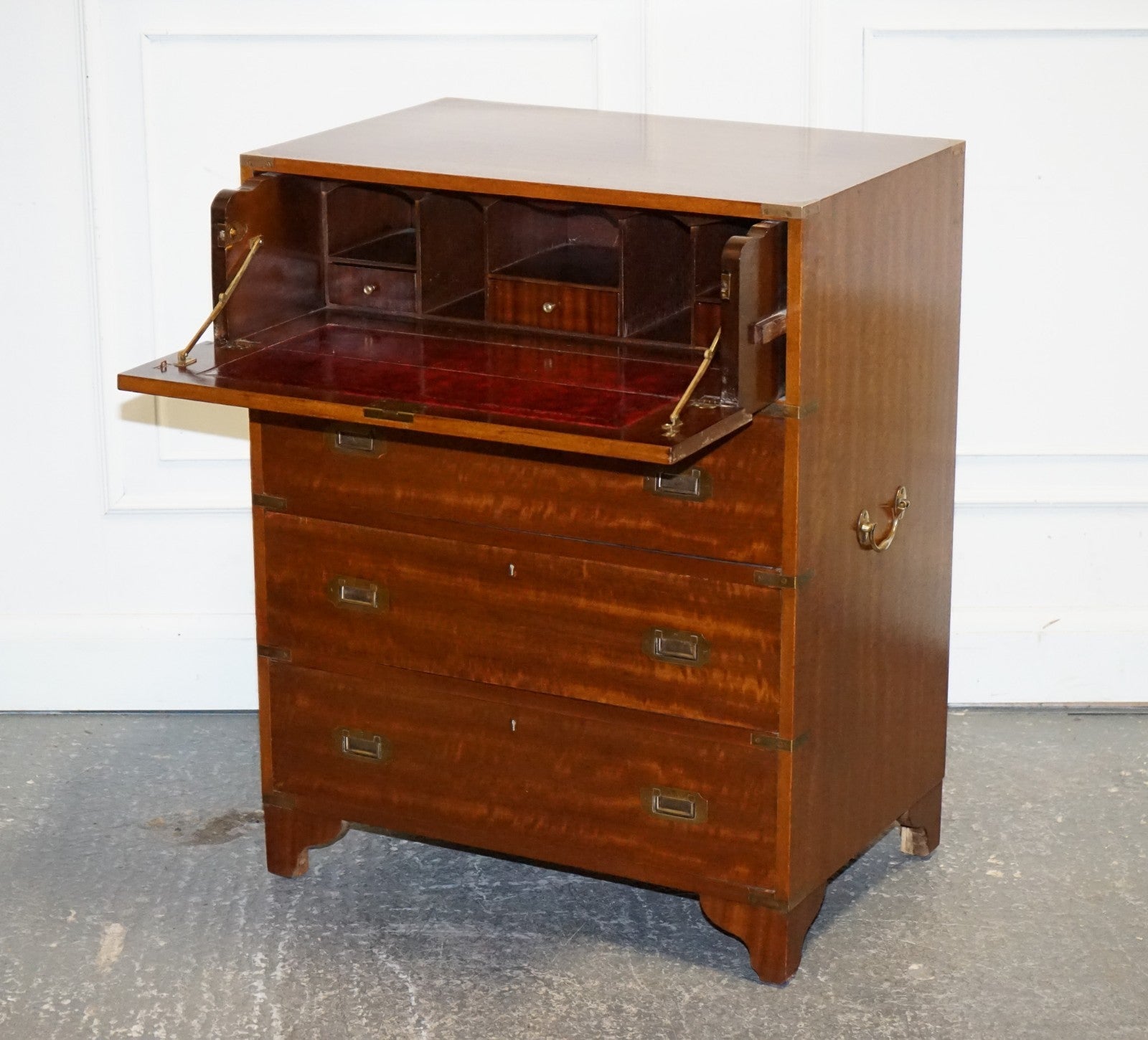 VINTAGE MILITARY CAMPAIGN SECRETAIRE CHEST OF DRAWERS WITH AGED RED LEATHER