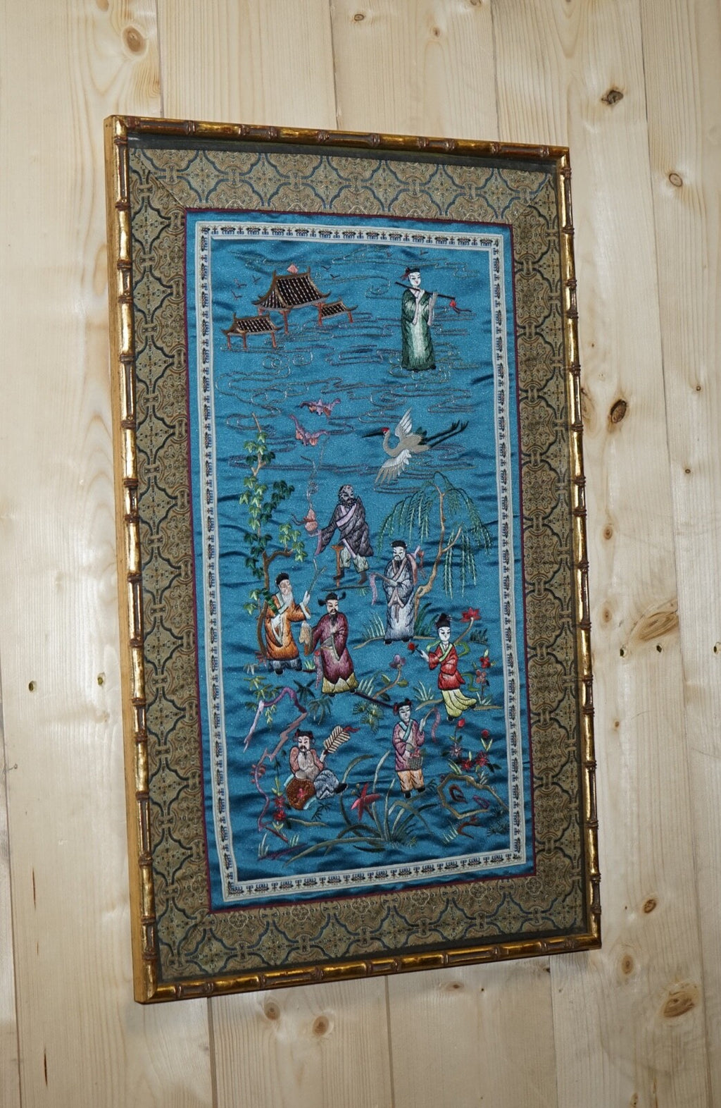VINTAGE CHINESE HAND EMBROIDERED SILK TAPESTRY PANEL IN FAUX GILT BAMBOO FRAME