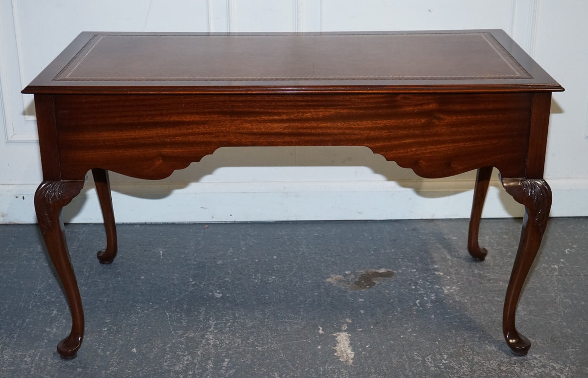 ENGLISH ANTIQUE STYLE WRITING DESK WITH BROWN LEATHER GOLD EMBOSSED TOP
