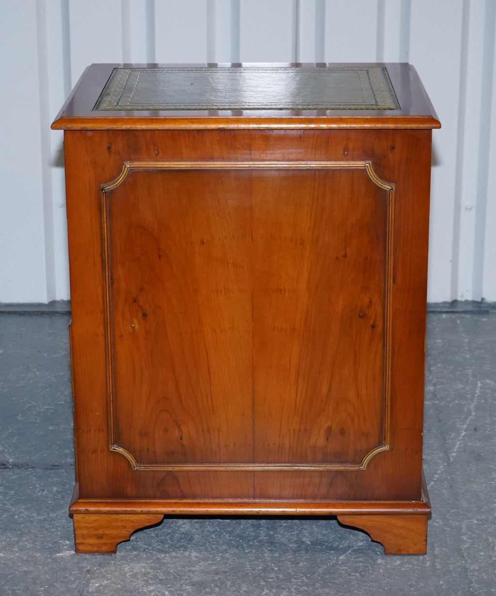 VINTAGE YEW WOOD FILLING CABINET WITH GREEN LEATHER TOP AND TWO DRAWERS