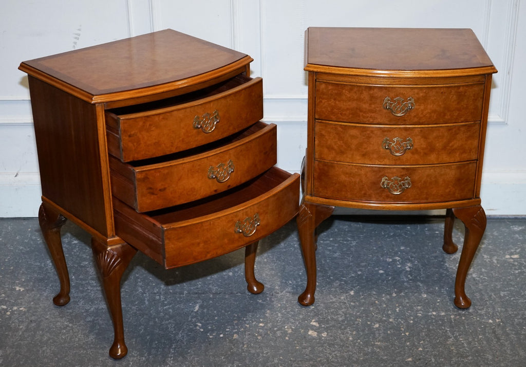 GORGEOUS PAIR OF ART DECO STYLE BURR WALNUT BEDSIDES NIGHTSTANDS TABLES