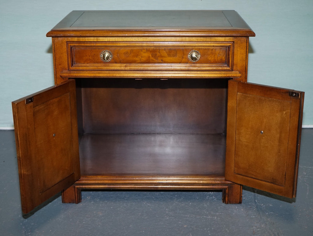 BAKER FURNITURE BURR WALNUT BEDSIDE CABINET WITH DRAWER AND CARVED DOORS