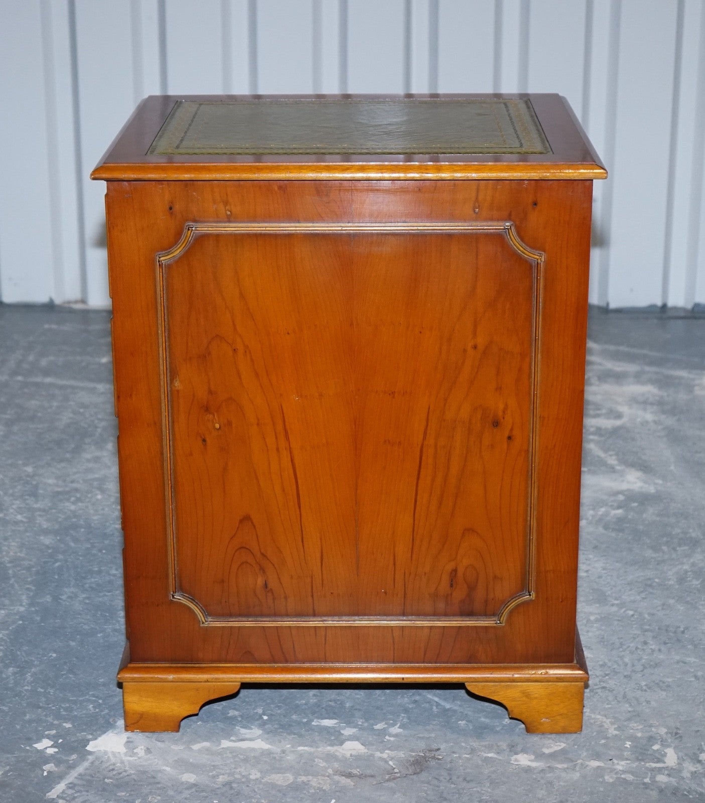 VINTAGE YEW WOOD FILLING CABINET WITH GREEN LEATHER TOP AND TWO DRAWERS (2)