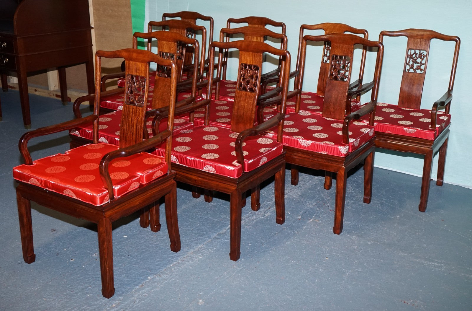 SET OF TEN VINTAGE ORIENTAL CHINESE HARDWOOD CARVER DINING ARMCHAIRS W/ CUSHIONS