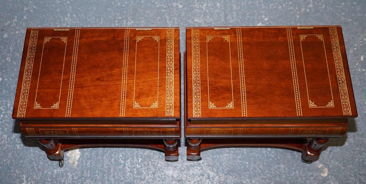 MATCHING PAIR OF WOODEN FAUX BOOKS STACK SIDE END WINE TABLES WITH STORAGE