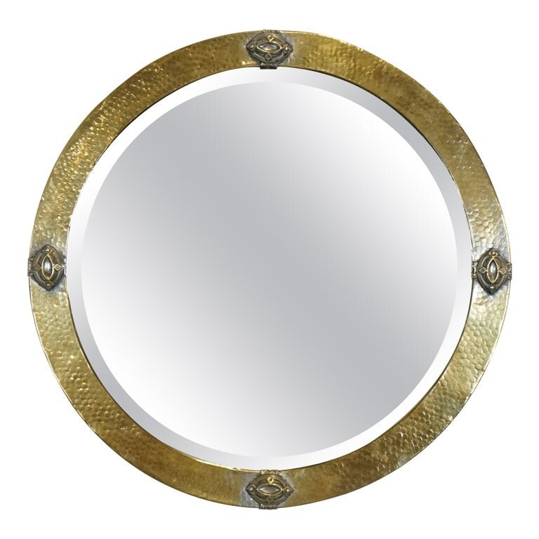 ARTS & CRAFTS LIBERTYS OF LONDON HAMMERED BRASS WALL MIRROR CIRCA 1910