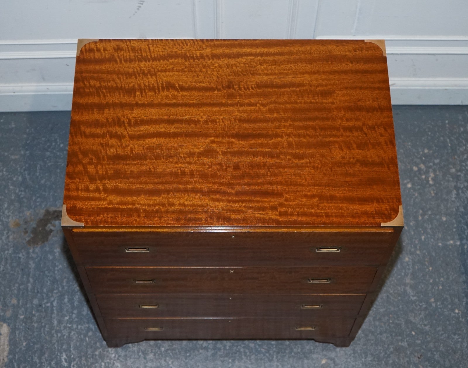 VINTAGE MILITARY CAMPAIGN SECRETAIRE CHEST OF DRAWERS WITH AGED RED LEATHER