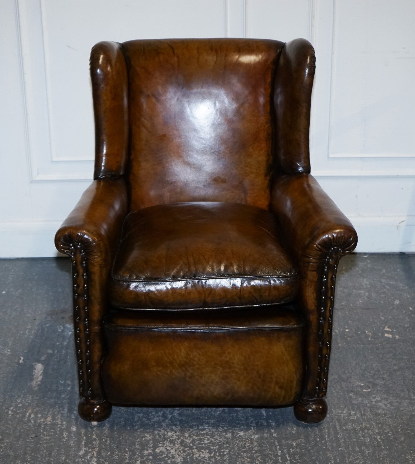 STUNNING EARLY VICTORIAN HAND DYED BROWN LEATHER READING LOUNGE ARMCHAIR