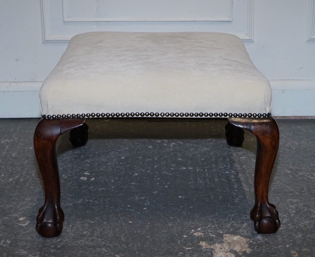 ANTIQUE EARLY VICTORIAN CLAW AND BALL FEET FOOTSTOOL WITH WHITE SUEDE TOP