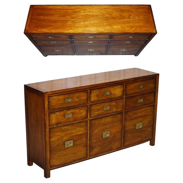 VINTAGE HARDWOOD & BRASS MILITARY CAMPAIGN STYLE BANK OF DRAWERS SIDEBOARD