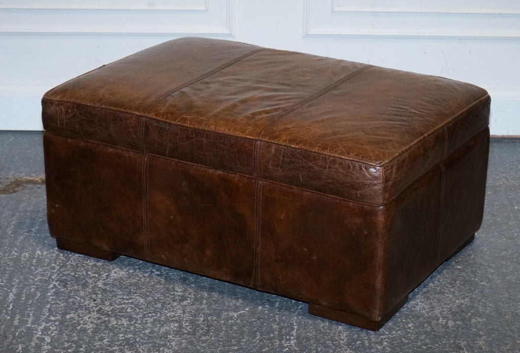 VINTAGE HALO REGGIO GROUCHO BROWN LEATHER OTTOMAN FOOTSTOOL WITH STORAGE SPACE