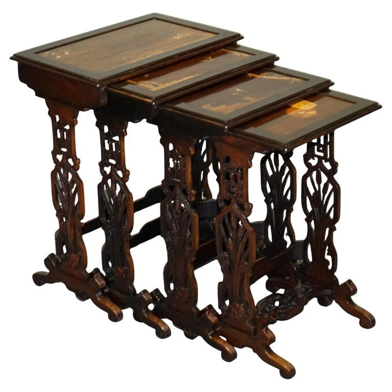 ART NOUVEAU CHINESE EXPORT NESTING TABLES PIERCED FRETWORK BONE & ABALONE C 1900