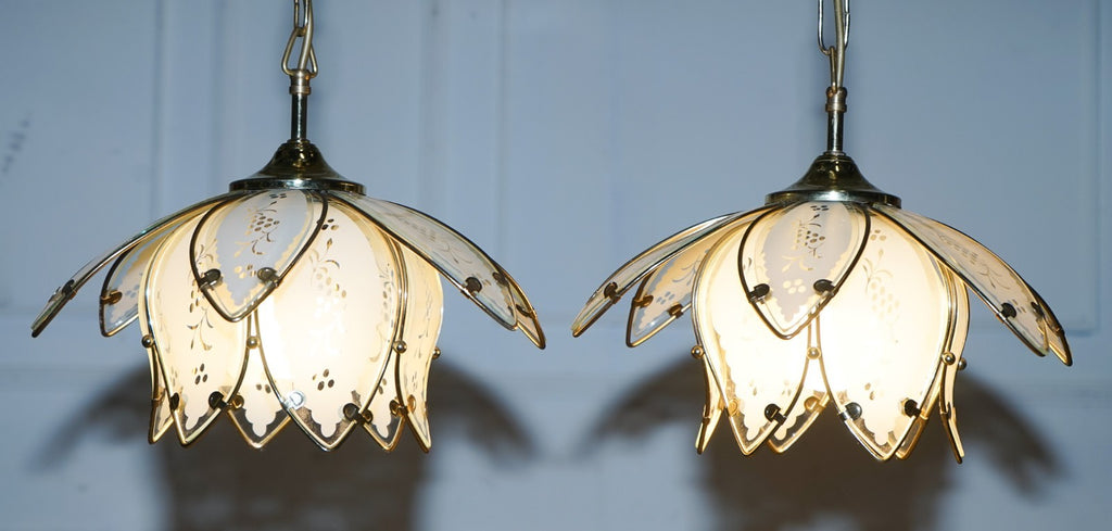 PAIR OF ART DECO STYLE 1960'S FLOWER LOTUS GLASS CEILING LAMPS