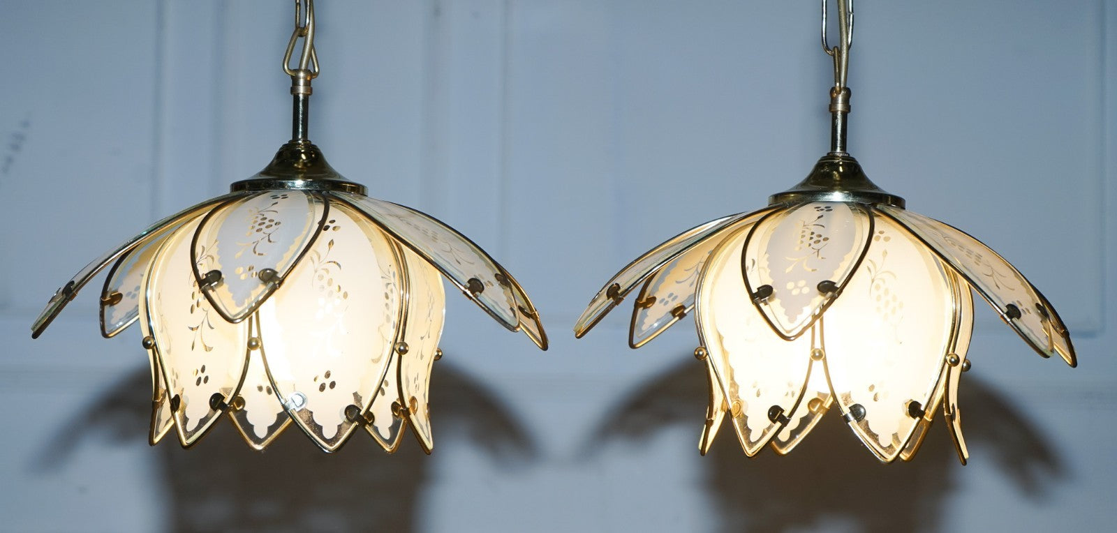 PAIR OF ART DECO STYLE 1960'S FLOWER LOTUS GLASS CEILING LAMPS