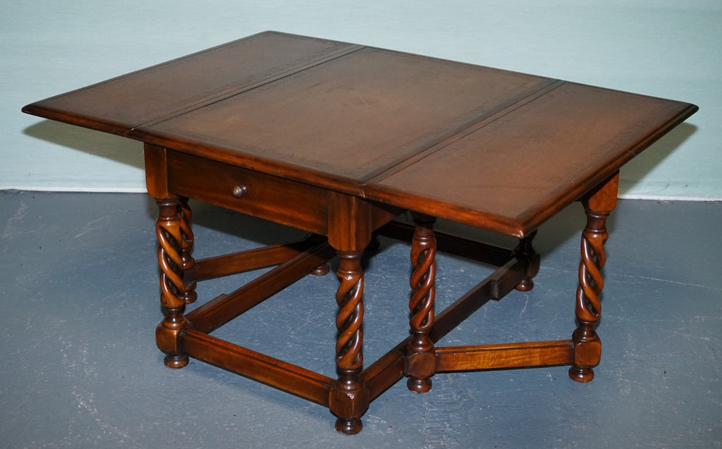 ELEGANT THEODORE ALEXANDER DROP LEAF BARLEY TWIST TABLE WITH LEATHER TOP
