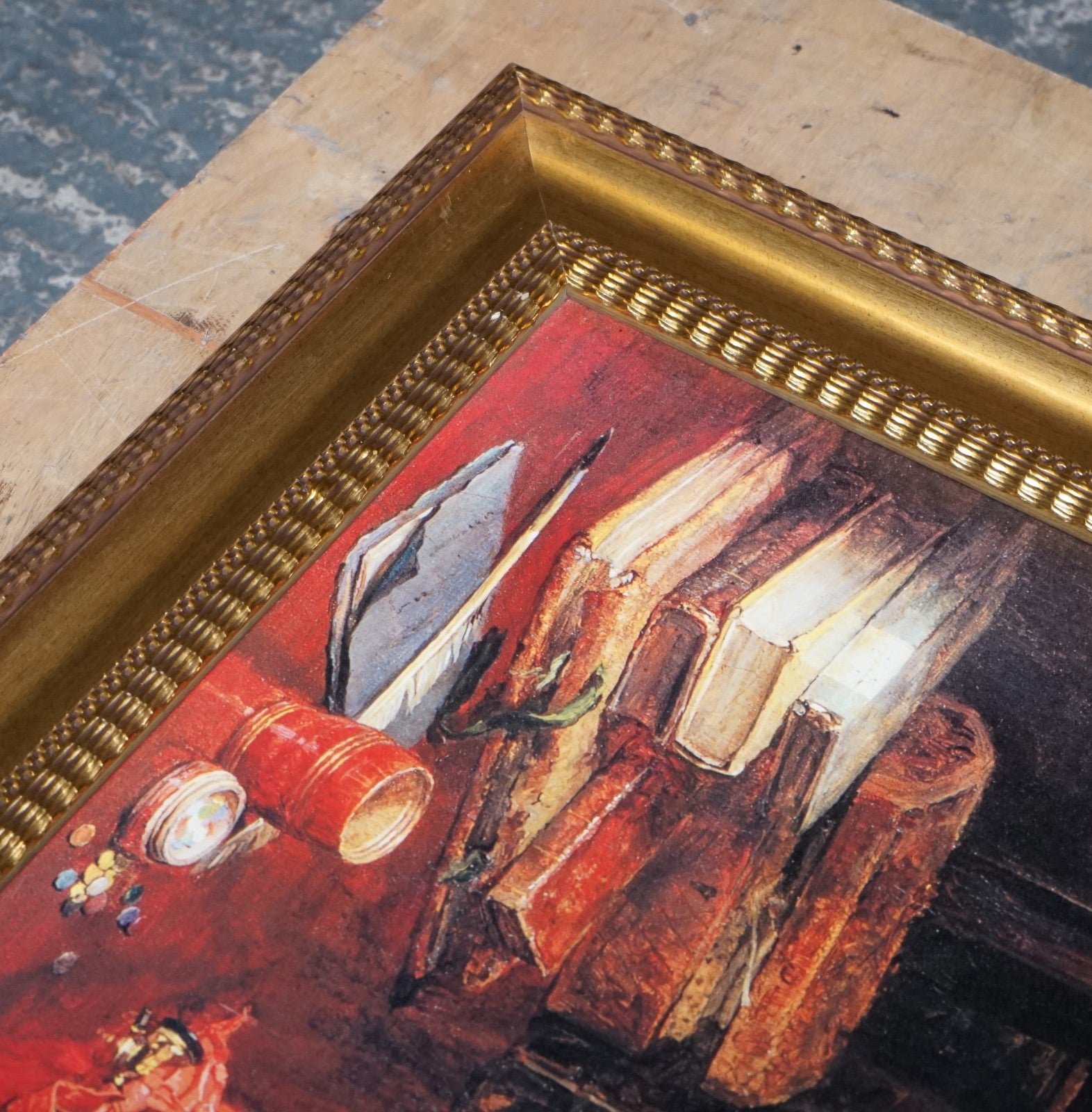 VINTAGE SOPHISTICATED LIBRARY SETTING PRINT IN GILTED FRAME  64 X 114 CM