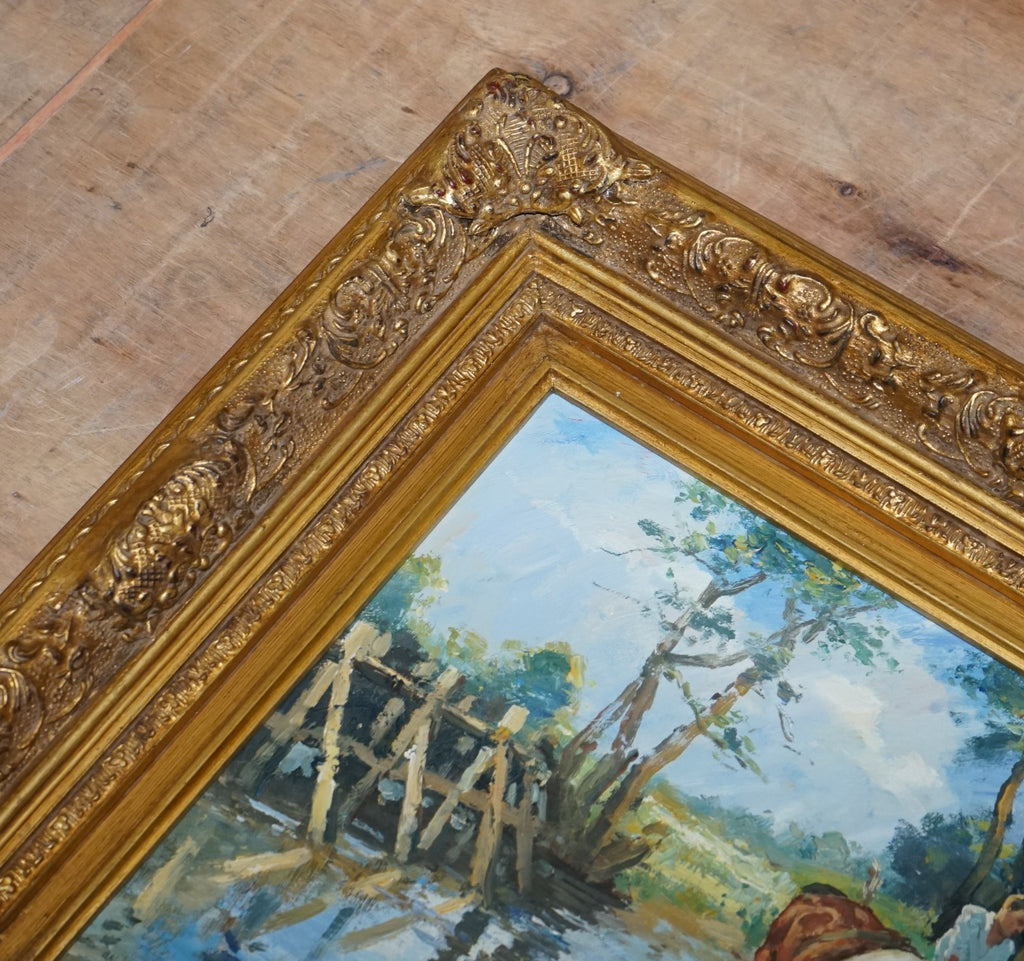 ANTIQUE OIL PAINTING HORSE RIDER CROSSING A STREAM GILTED FRAME 49 X 60 CM