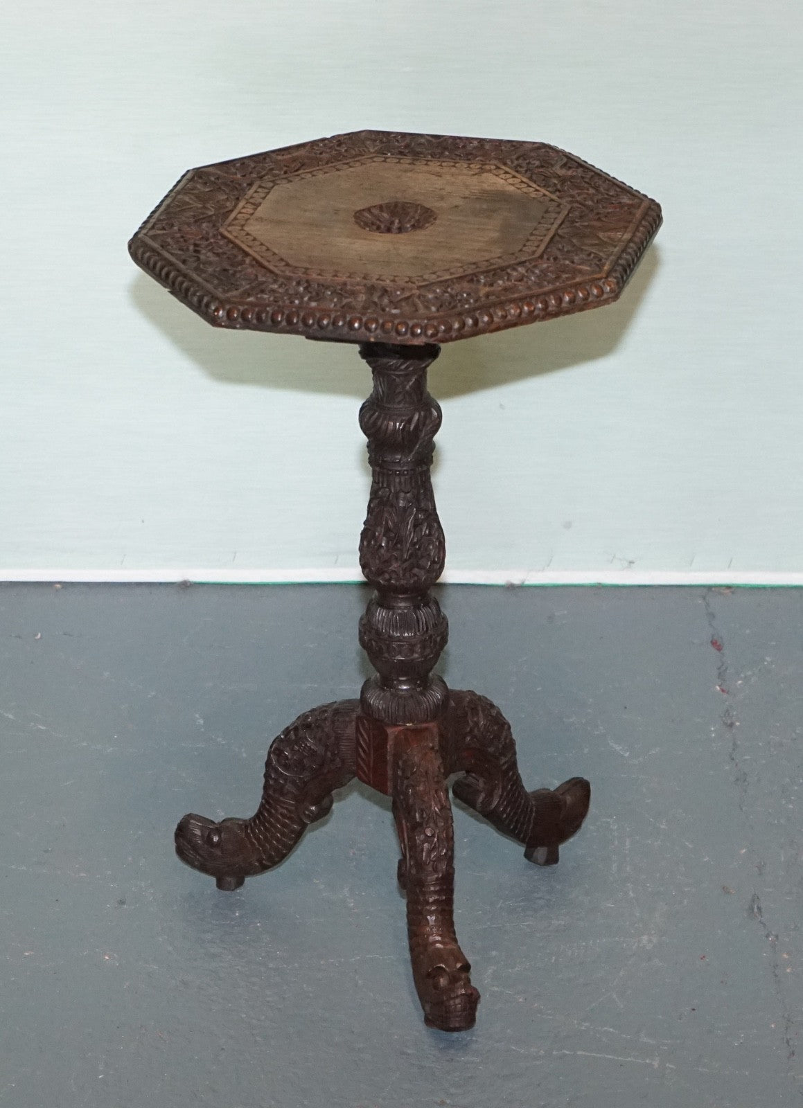 1890s ANGLO INDIAN HAND CARVED OCTAGONAL TABLE CHINESE MYTHICAL DRAGON BASE