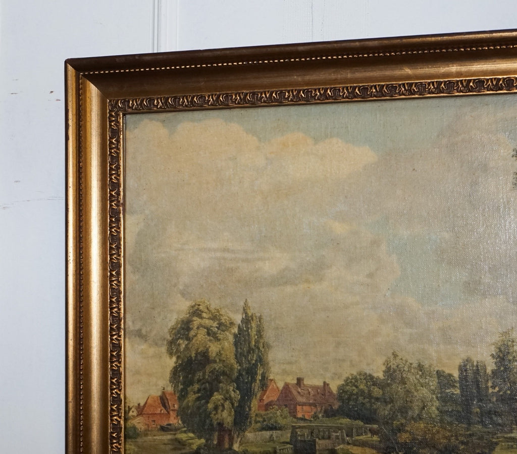 VINTAGE FRAMED COUNTRYSIDE LANDSCAPE PRINT RIVER SCENE WiTH HORSES AND TREES