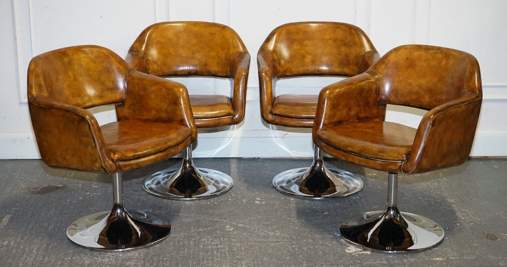 SET OF FOUR RESTORED HAND DYED LEATHER LARGO JOHANSON DESIGN SWIVEL ARMCHAIRS