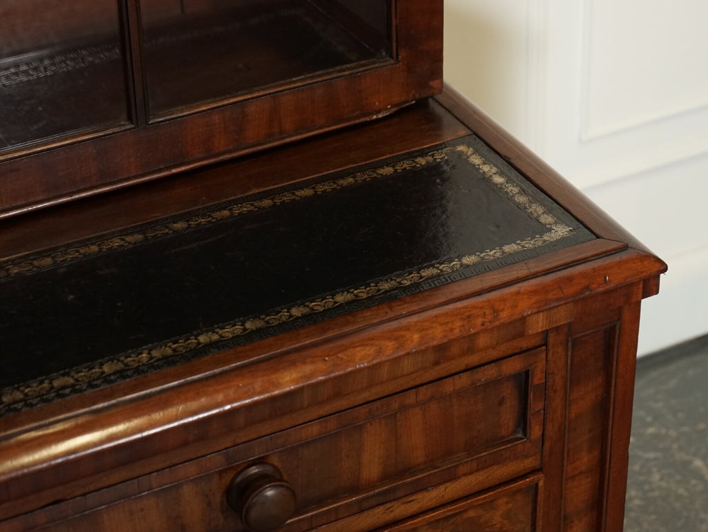 ANTIQUE DRESSER BOOKCASE DISPLAY CABINET ON CHEST OF DRAWERS BLACK LEATHER TOP