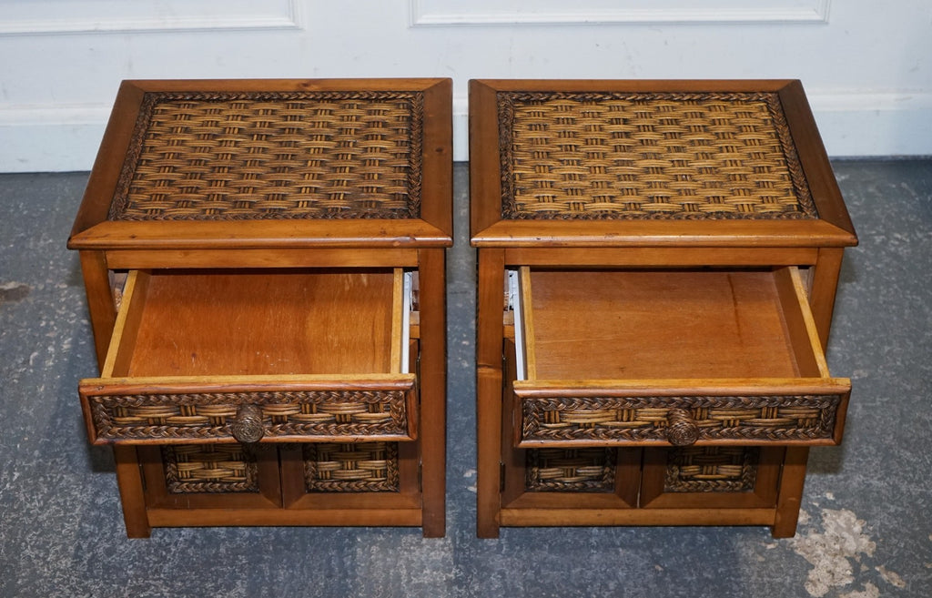 VINTAGE PAIR OF WICKER OR RATTAN NIGHTSTANDS BEDSIDE TABLES CUPBOARD & DRAWER