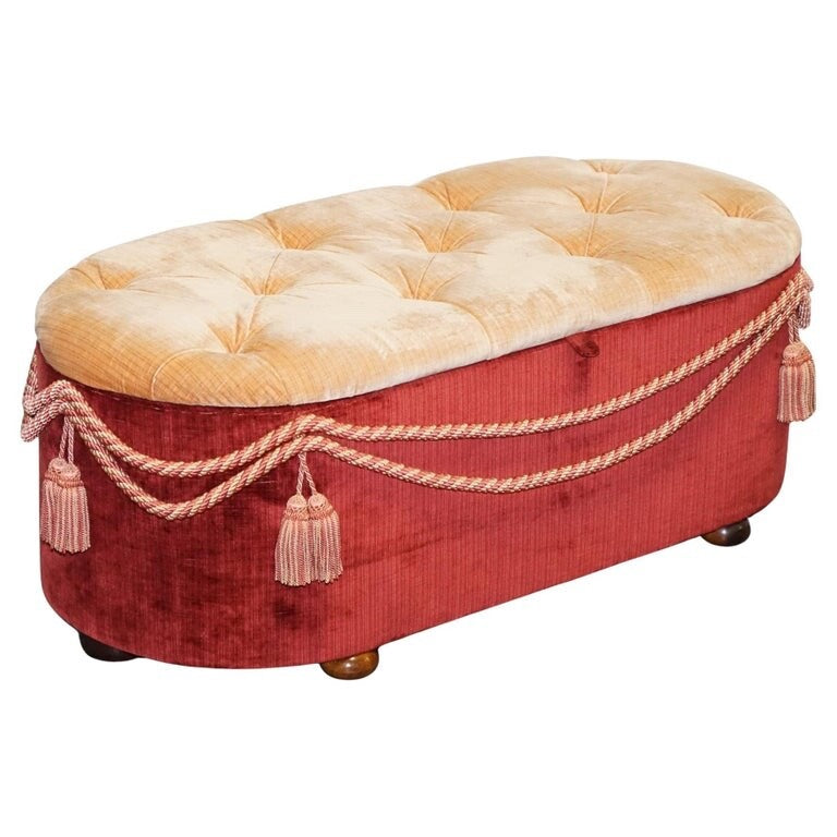 ANTIQUE VICTORIAN FABRIC OTTOMAN BLANKET BED END STORAGE BOX WITH TASSEL ACCENTS