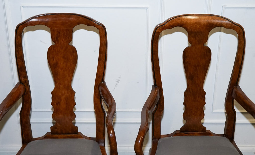 1920'S ART DECO PAIR OF QUEEN ANNE STYLE BURR WALNUT HALLWAY ELBOW ARMCHAIRS