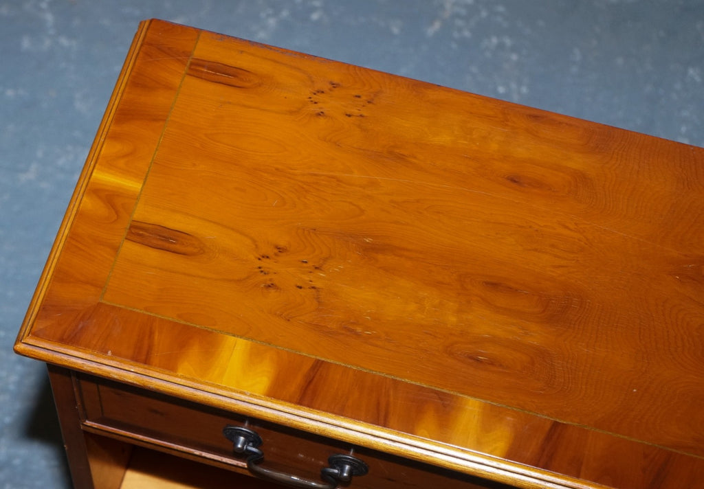 VINTAGE BURR YEW WOOD OPEN DWARF LIBRARY BOOKCASE WiTH TWO DRAWERS & SHELF