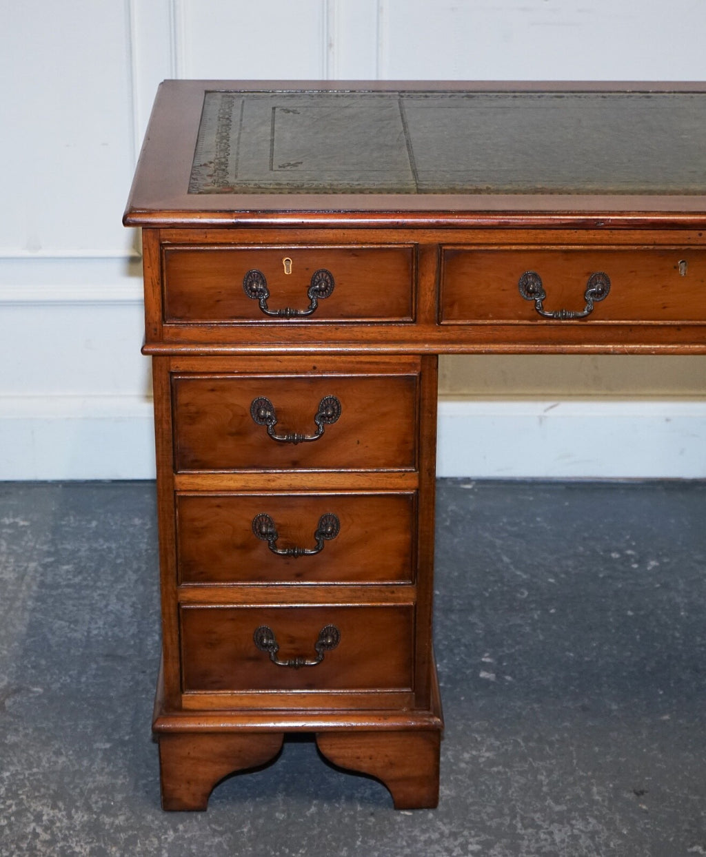 VINTAGE YEW WOOD TWIN PEDESTAL GREEN LEATHER TOP DESK