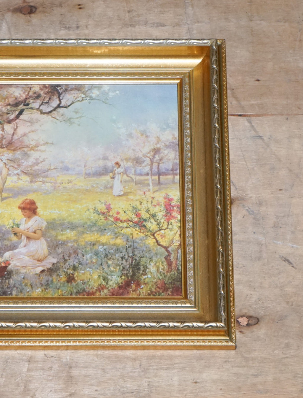 PAINTING PRINT GOLDEN FRAME''PICKING FLOWERS''BY ALFRED GLENDENING JR. 42X52 CM