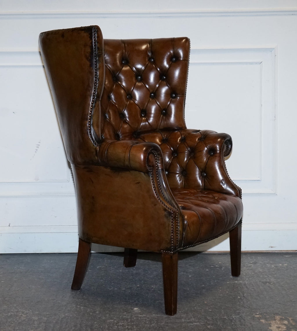 RESTORED CHESTERFIELD HAND DYED LEATHER PORTERS WINGBACK ARMCHAIR