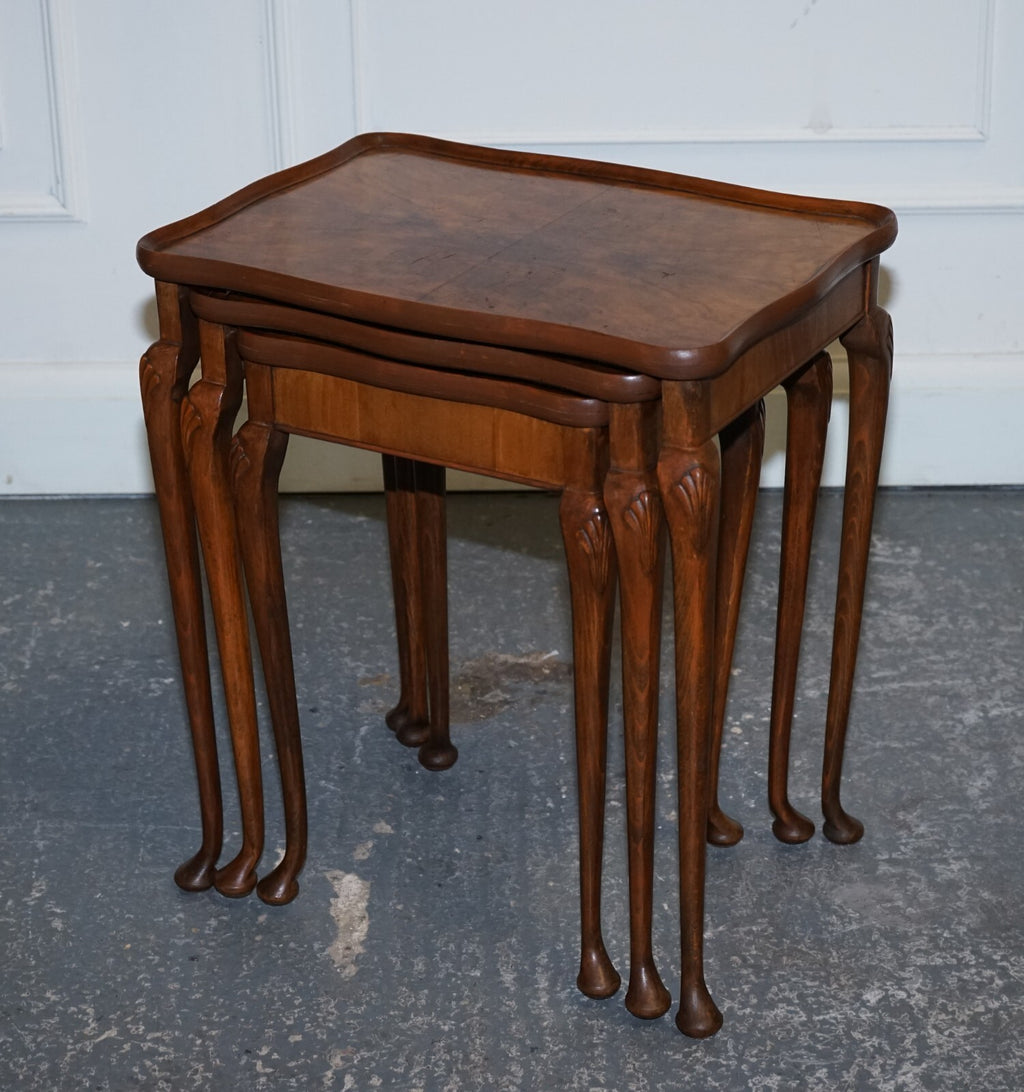 1920'S ART DECO BURR WALNUT NEST OF THREE TABLE QUEEN ANNE LEGS
