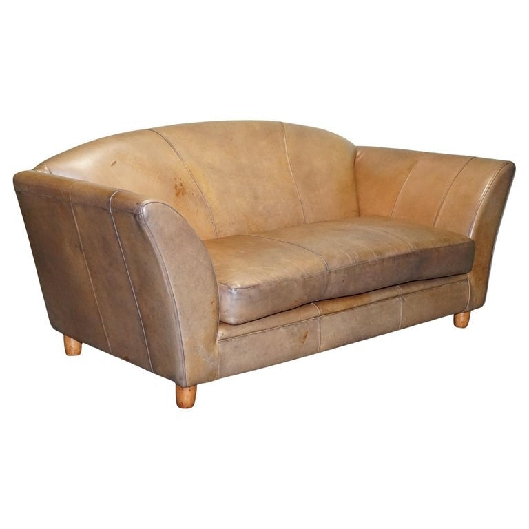 VINTAGE ART DECO STYLE BROWN LEATHER TWO SEATER SOFA
